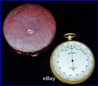 VERY FINE c1885 SHORT & MASON LONDON GILT BRASS POCKET BAROMETER IN ORIG CASE