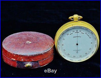 VERY FINE c1885 SHORT & MASON LONDON GILT BRASS POCKET BAROMETER IN ORIG CASE