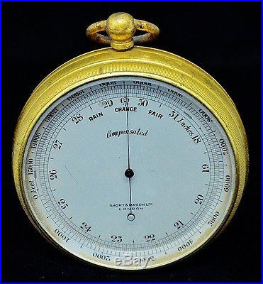 VERY FINE c1885 SHORT & MASON LONDON GILT BRASS POCKET BAROMETER IN ORIG CASE