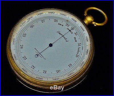 VERY FINE c1885 SHORT & MASON LONDON GILT BRASS POCKET BAROMETER IN ORIG CASE