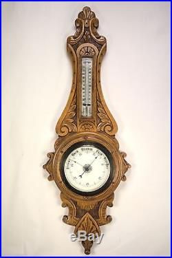VICTORIAN BRITISH CARVED OAK BAROMETER, THERMOMETER signed Pat 16538
