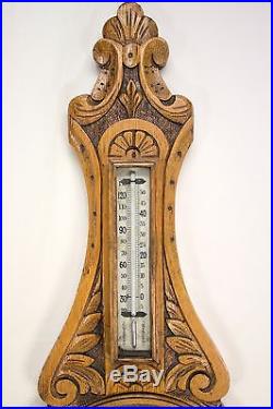VICTORIAN BRITISH CARVED OAK BAROMETER, THERMOMETER signed Pat 16538