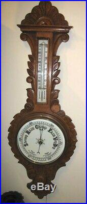 Victorian ca1890 Oak Aneroid Barometer & Thermometer Carved Black Forest Style