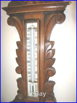 Victorian ca1890 Oak Aneroid Barometer & Thermometer Carved Black Forest Style