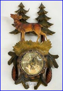 Vintage 13 Handmade Black Forest Germany Carved Wood Elk Wall Weather Barometer
