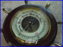 Vintage ATCO Barometer Germany Porcelain & Gold Face Miniature Wooden Ship Wheel
