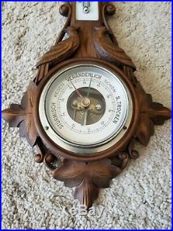 Vintage/ Antique Black Forest Carved Barometer/Themometer Birds Wood