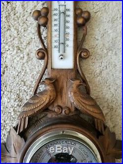 Vintage/ Antique Black Forest Carved Barometer/Themometer Birds Wood
