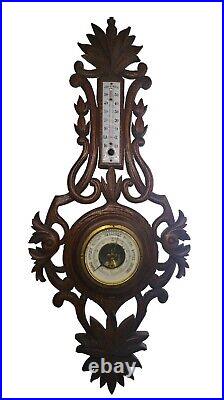 Vintage Antique Wall Wood Carved Black Forest Barometer Thermometer 28