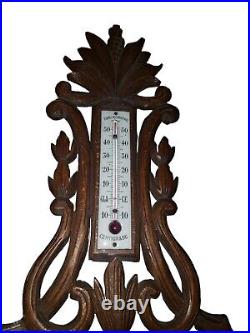 Vintage Antique Wall Wood Carved Black Forest Barometer Thermometer 28