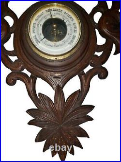 Vintage Antique Wall Wood Carved Black Forest Barometer Thermometer 28