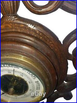 Vintage Antique Wall Wood Carved Black Forest Barometer Thermometer 28