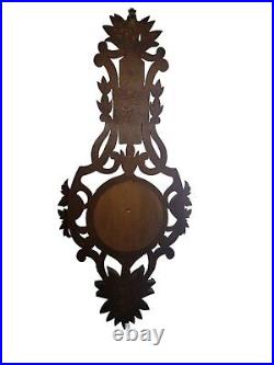 Vintage Antique Wall Wood Carved Black Forest Barometer Thermometer 28