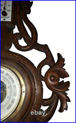 Vintage Antique Wall Wood Carved Black Forest Barometer Thermometer 28