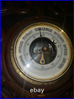Vintage Antique Wall Wood Carved Black Forest Barometer Thermometer 28