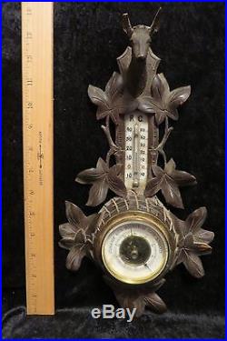 Vintage Black Forest Carved Wood Barometer Thermometer No Reserve
