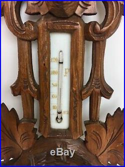Vintage Carved Wood Barometer Thermometer Black Forest Style