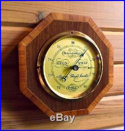 Vintage Danish Barometer Octagon Inlaid Wood Case, Beveled Edge Crystal
