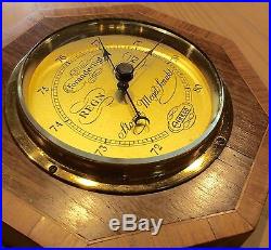 Vintage Danish Barometer Octagon Inlaid Wood Case, Beveled Edge Crystal