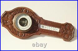 Vintage French Barometer Thermometer Carved Wood Functioning Engraved 25.6inch