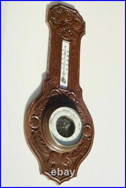 Vintage French Barometer Thermometer Carved Wood Functioning Engraved 25.6inch