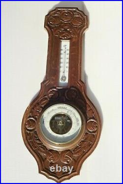 Vintage French Barometer Thermometer In Carved Wood Functioning Engraved 25.6in