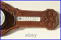 Vintage French Barometer Thermometer In Carved Wood Functioning Engraved 25.6in