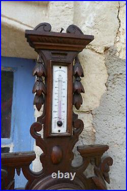 Vintage French Hand Carved Wood Barometer Thermometer Weather Station