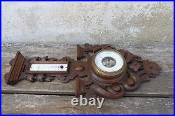 Vintage French Hand Carved Wood Barometer Thermometer Weather Station