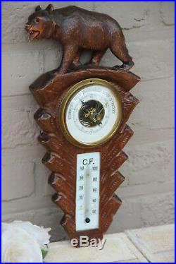 Vintage hand Black forest wood carved swiss bear statue barometer