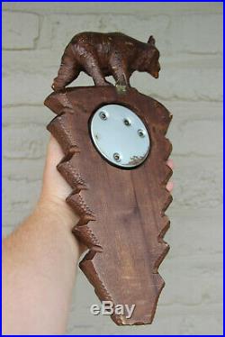 Vintage hand Black forest wood carved swiss bear statue barometer
