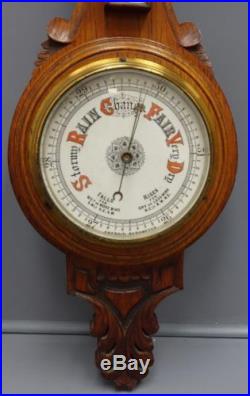 Vtg antique carved solid oak banjo ANEROID Barometer Thermometer