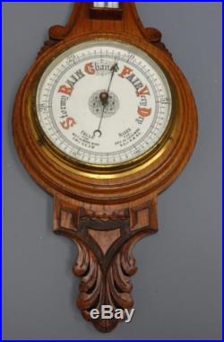 Vtg antique carved solid oak banjo ANEROID Barometer Thermometer