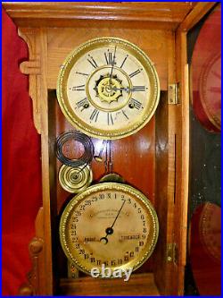 Waterbury Calendar Clock-Double Dial Golden Oak Clock With Strike