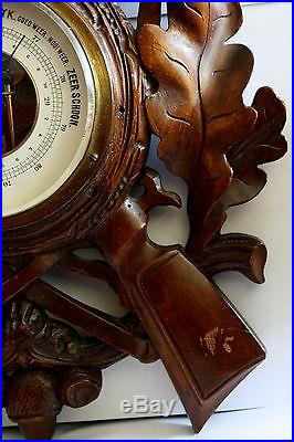 Wonderful Huge Hand Carved Black Forrest Barometer Guns, Leaves and Hat