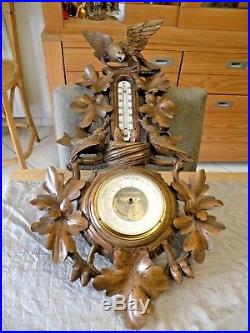 XL superb wooden barometer carved black forest