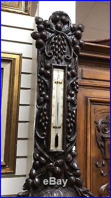 Xlarge Antique Wood Carved Barometer Thermometer Signed 1890